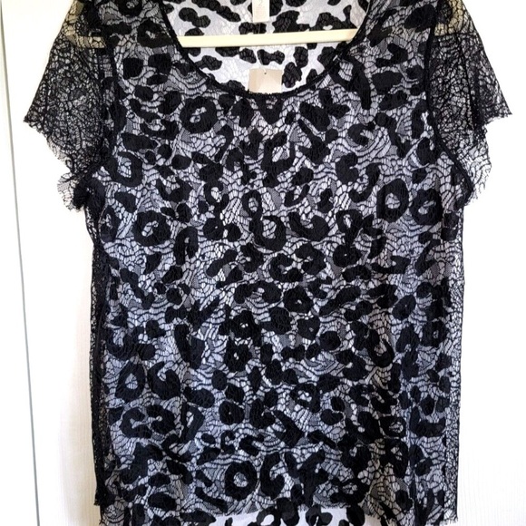 Chico's Cheetah Chaser Black Lace Overlay Blouse Liquid Knit Nylon Top Size XL - Picture 2 of 11